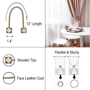 Product infographic showing 13" length, 1.4" tip size, wooden tips, faux leather cord, and flexible usage diagram