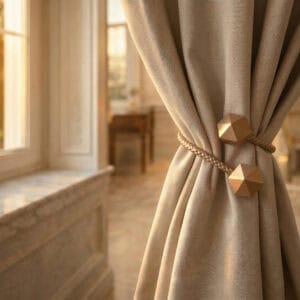 Gold braided tieback with faceted wooden tips gathering a beige curtain in warm light