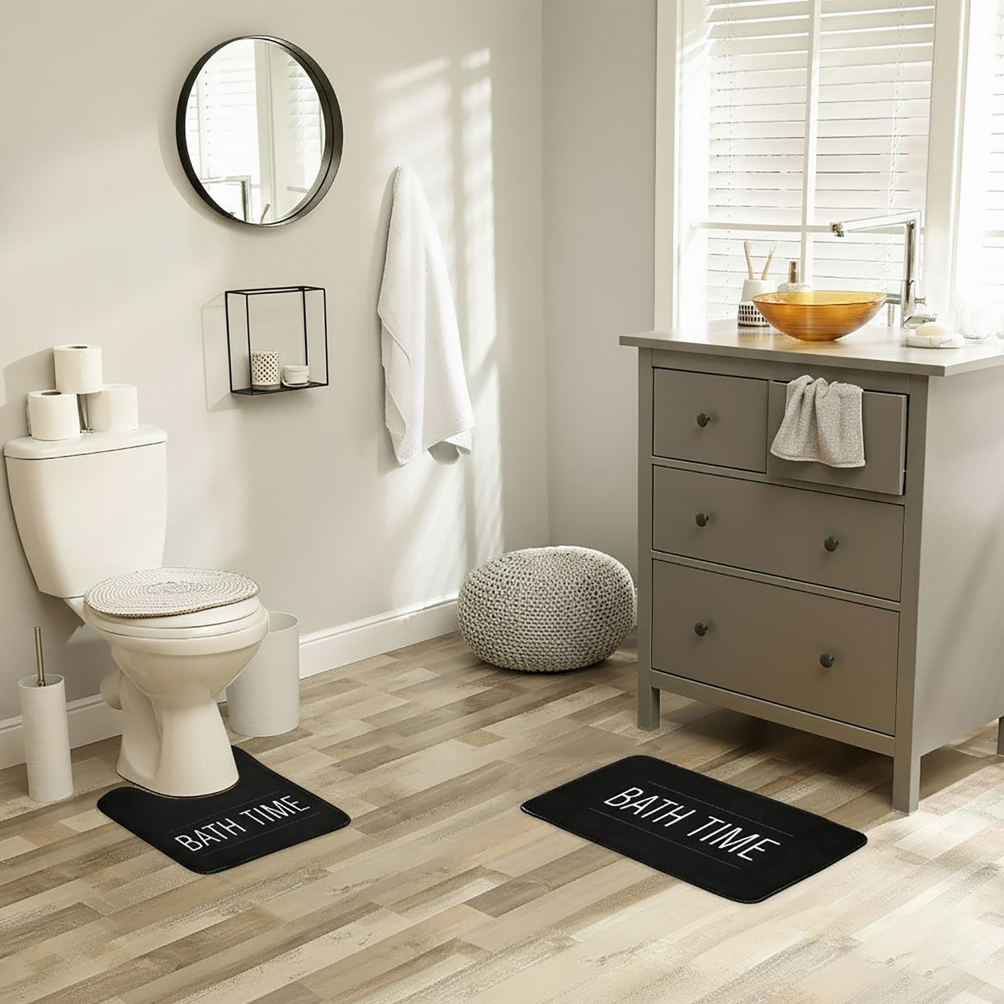 contour mat and bath mat in situation on bathroom floor