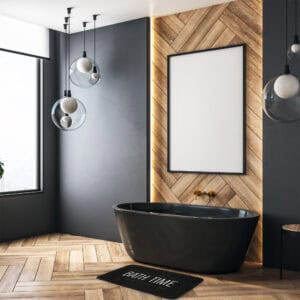 bath mat in front of bath tub