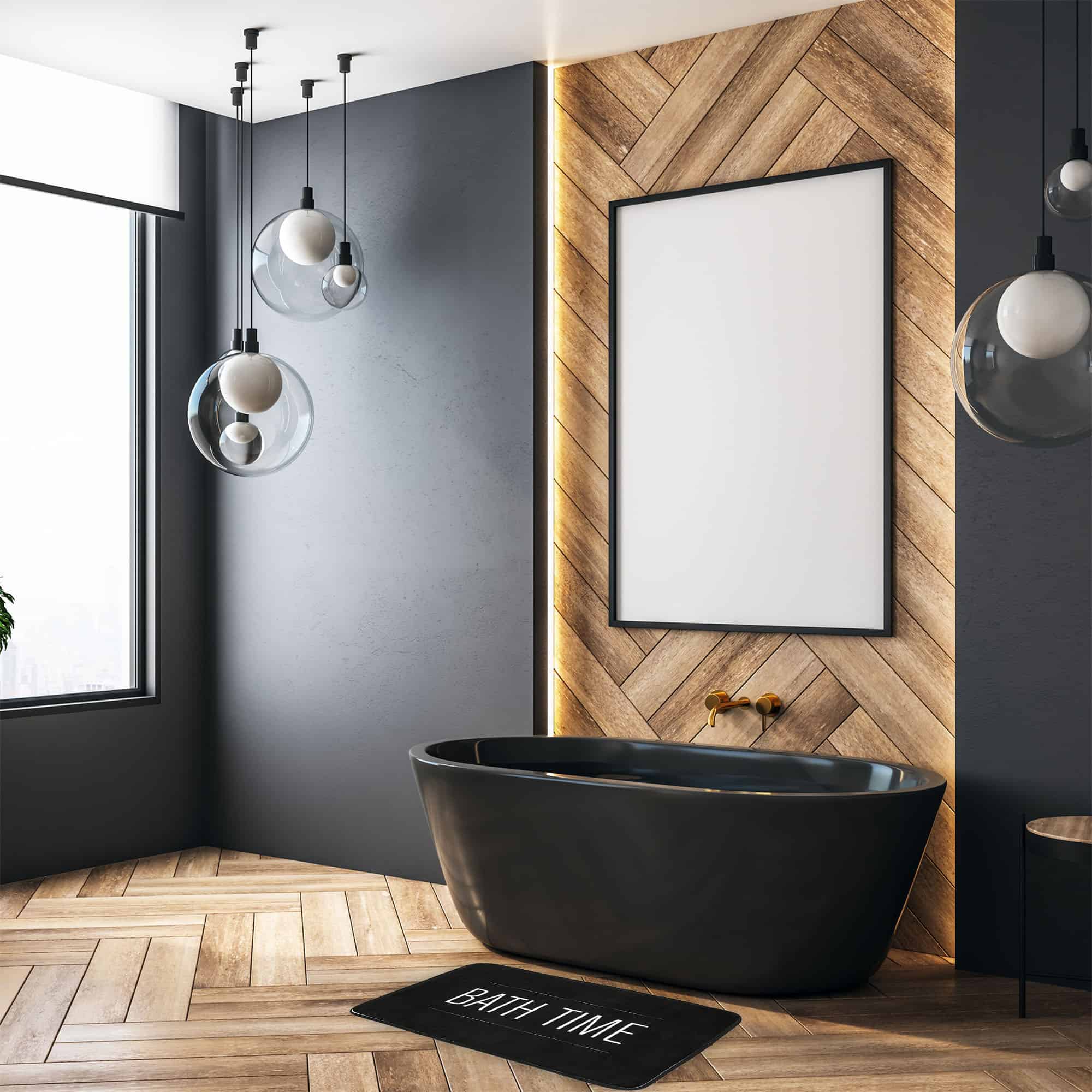 bath mat in front of bath tub