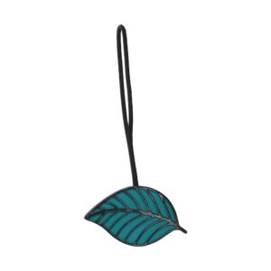 Teal magnetic leaf curtain tieback with black leather cord on white background