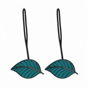 Set of 2 teal magnetic leaf curtain tiebacks with leather cords on white background