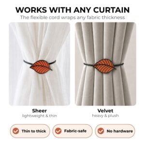 Terracotta leaf tieback shown on sheer and velvet curtains, fits any fabric thickness