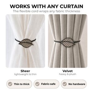 Taupe leaf tieback shown on sheer and velvet curtains, fits any fabric thickness
