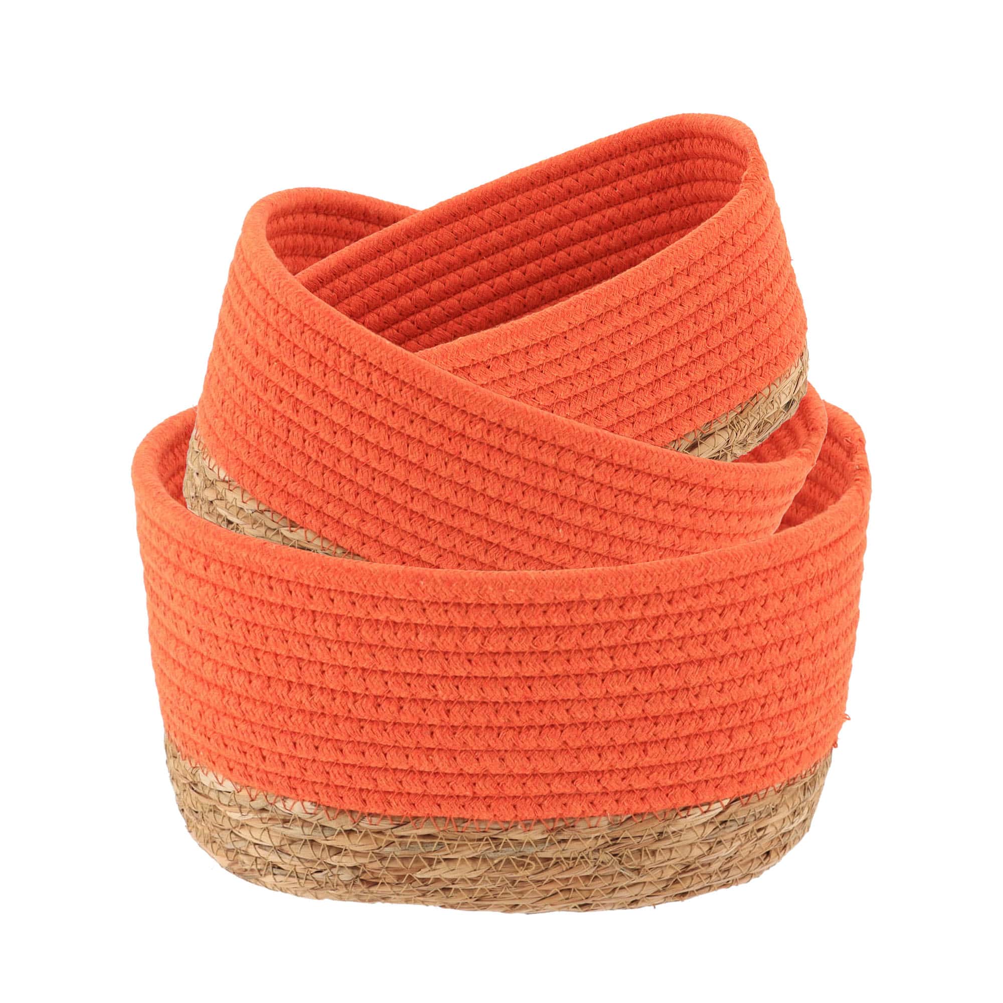 orange cotton and natural seagrass set of 3 storage baskets