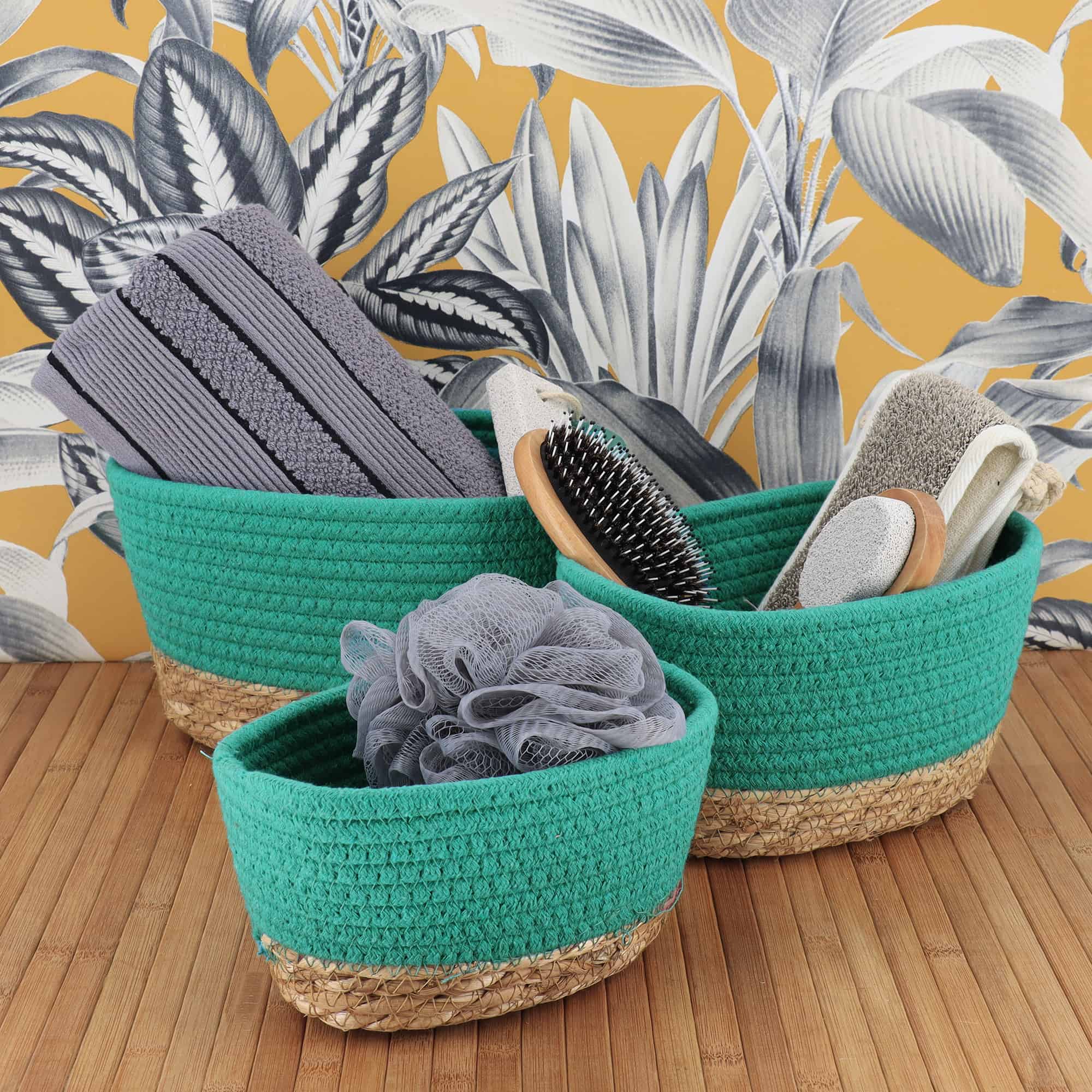 juego de 3 cestas de algodón verde y hierba marina natural