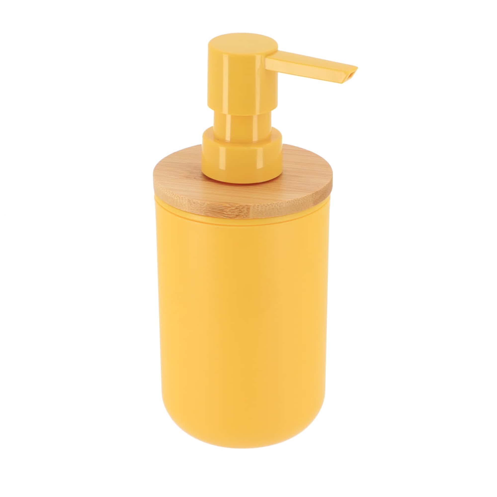 yellow and bamboo soap and lotion dispenser