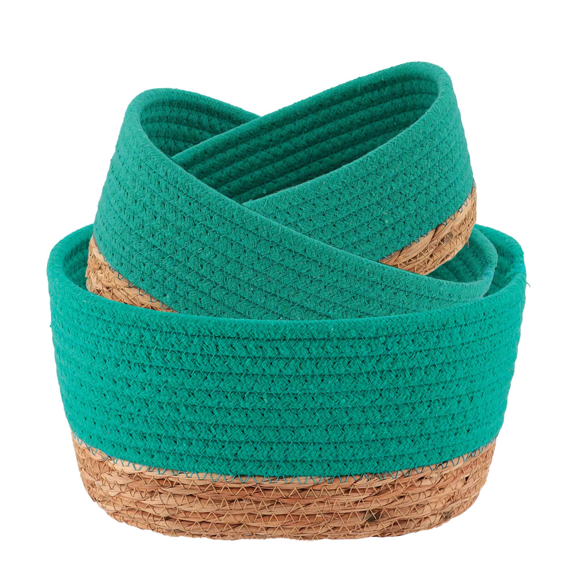 green cotton and natural seagrass set of 3 storage baskets