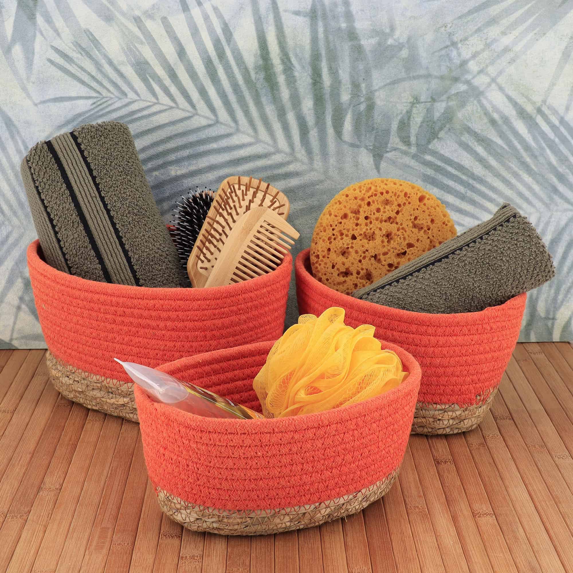 juego de 3 cestas de algodón naranja y hierba marina natural