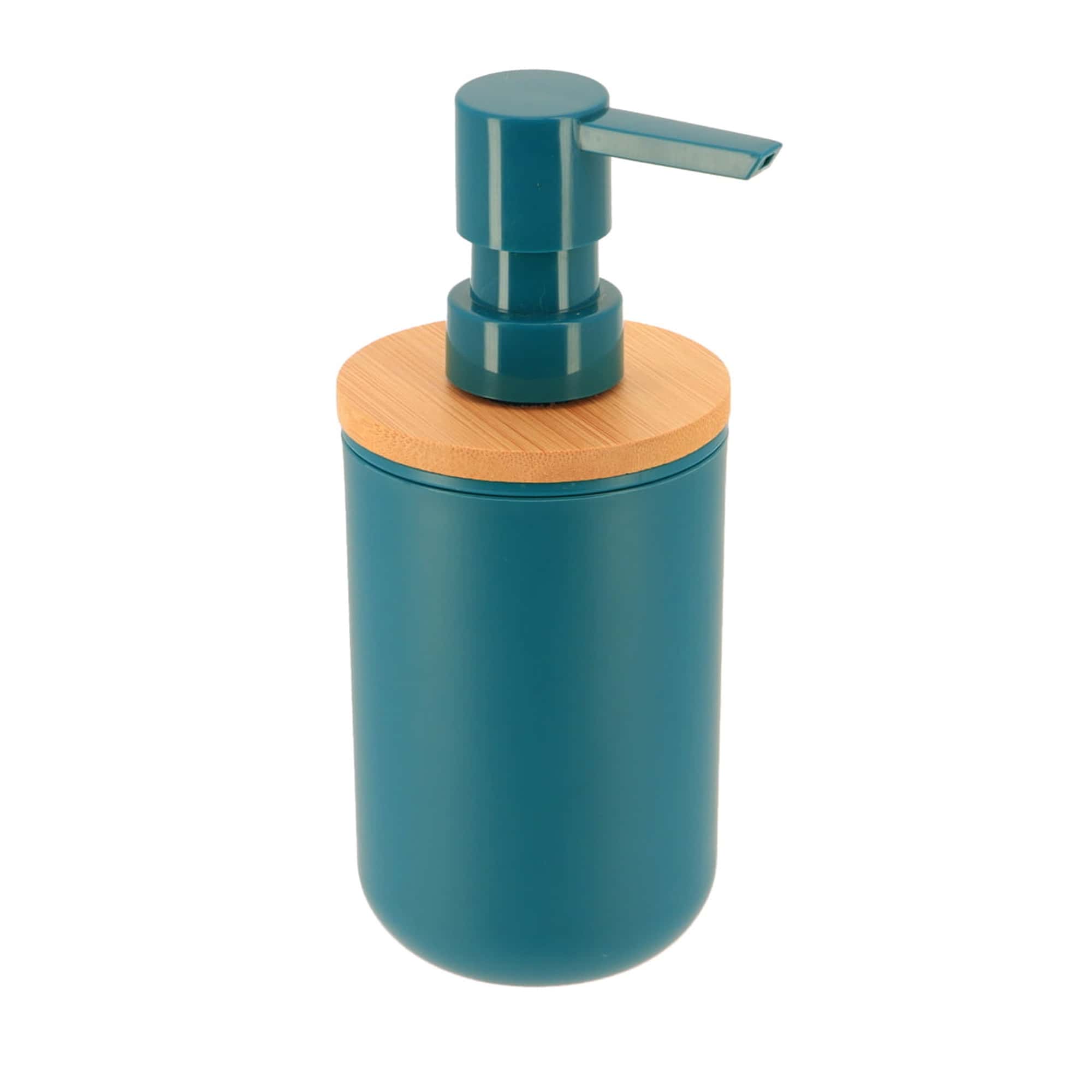 blue and bamboo soap and lotion dispenser