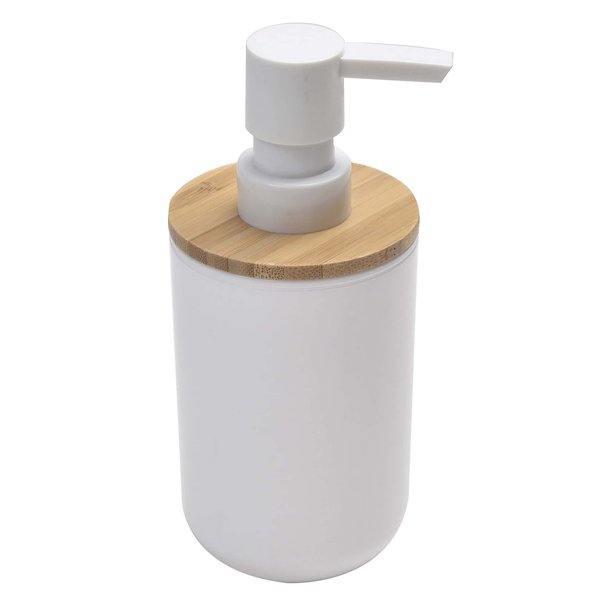 white and bamboo soap and lotion dispenser