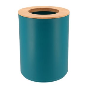 blue and bamboo bathroom trash can