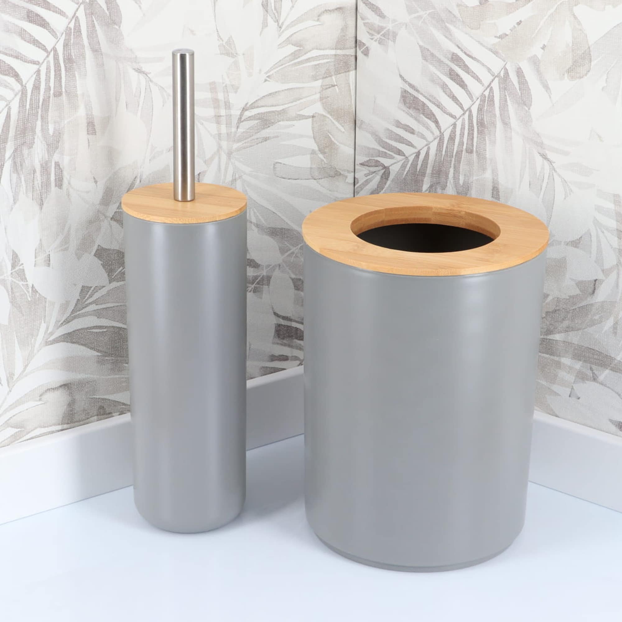 full collection in gray and bamboo for bathroom and toilet