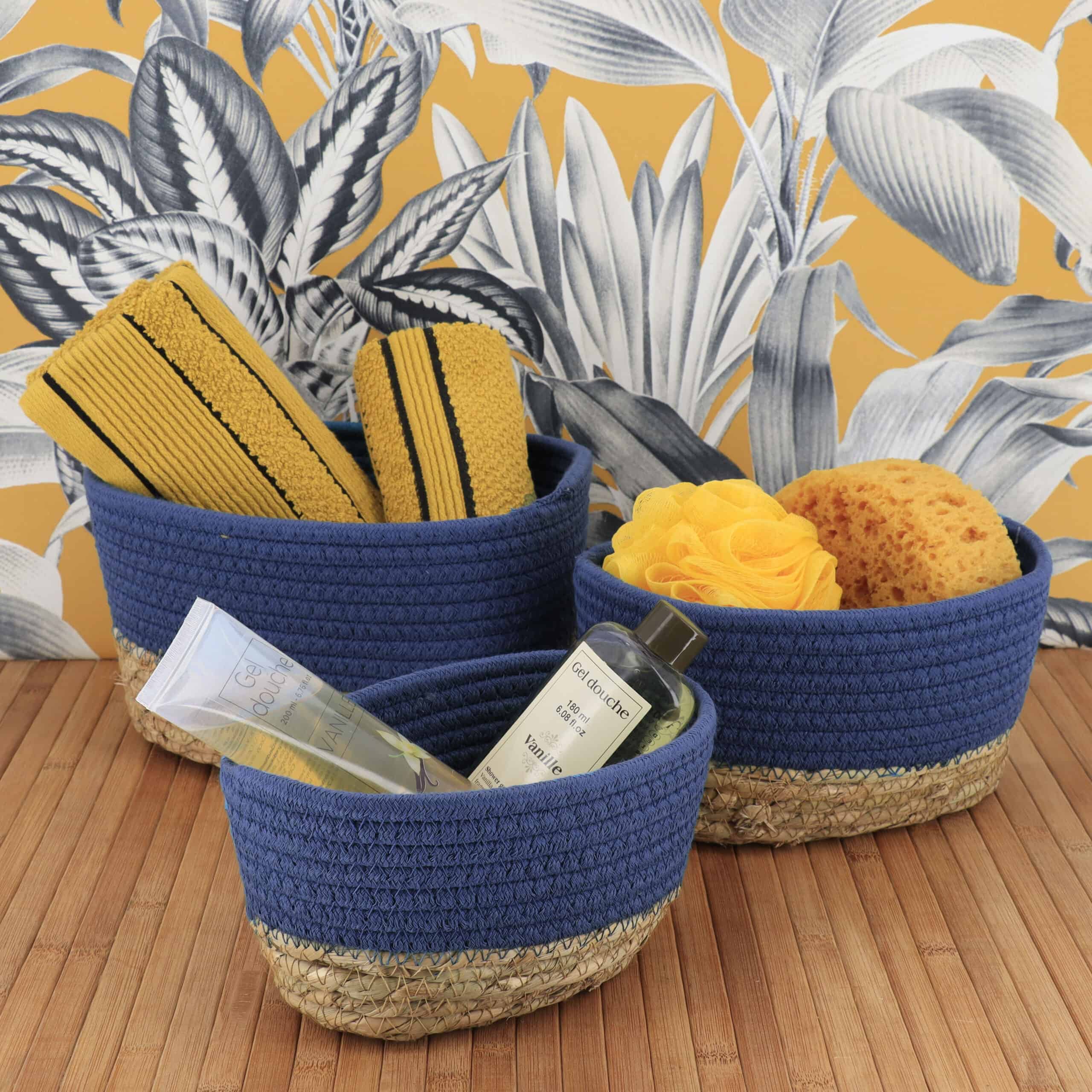 juego de 3 cestas de algodón azul marino y hierba marina natural