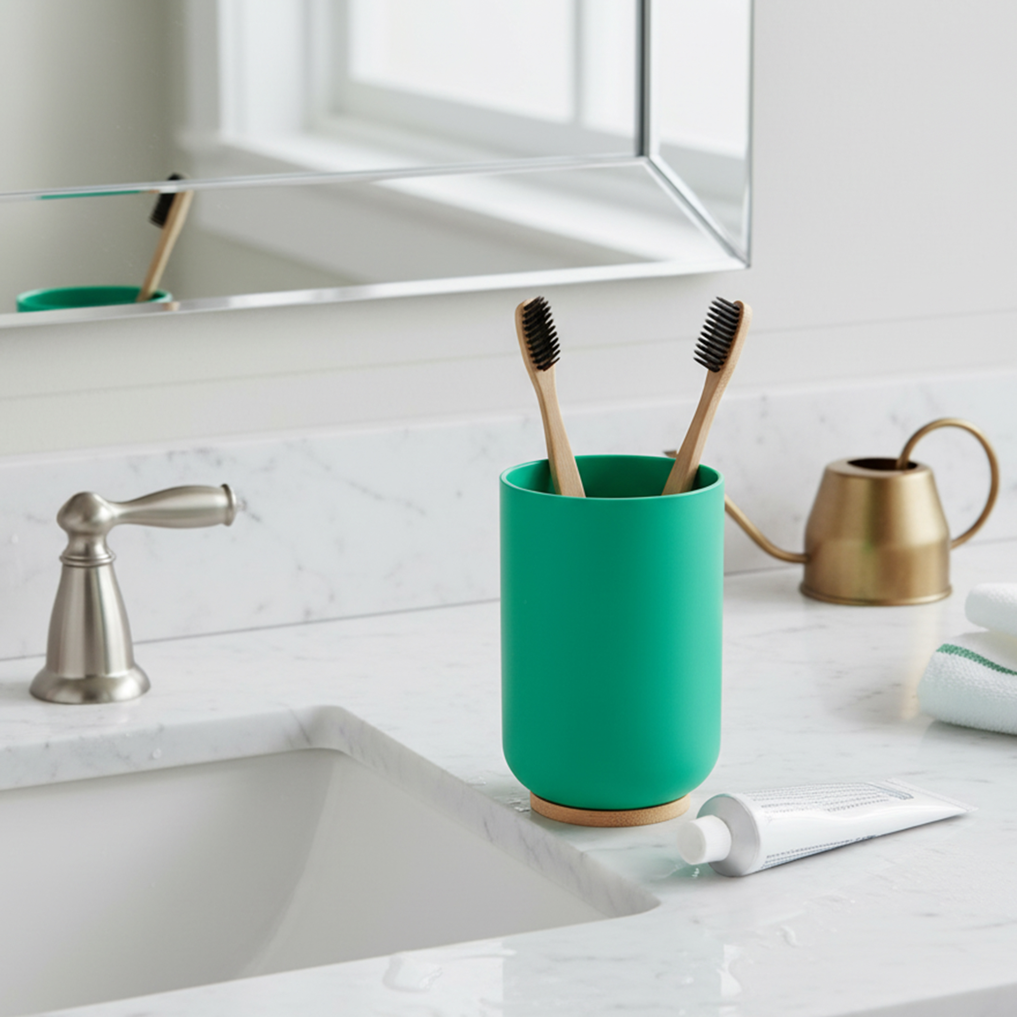 Green bathroom tumbler holding toothbrushes on sink countertop
