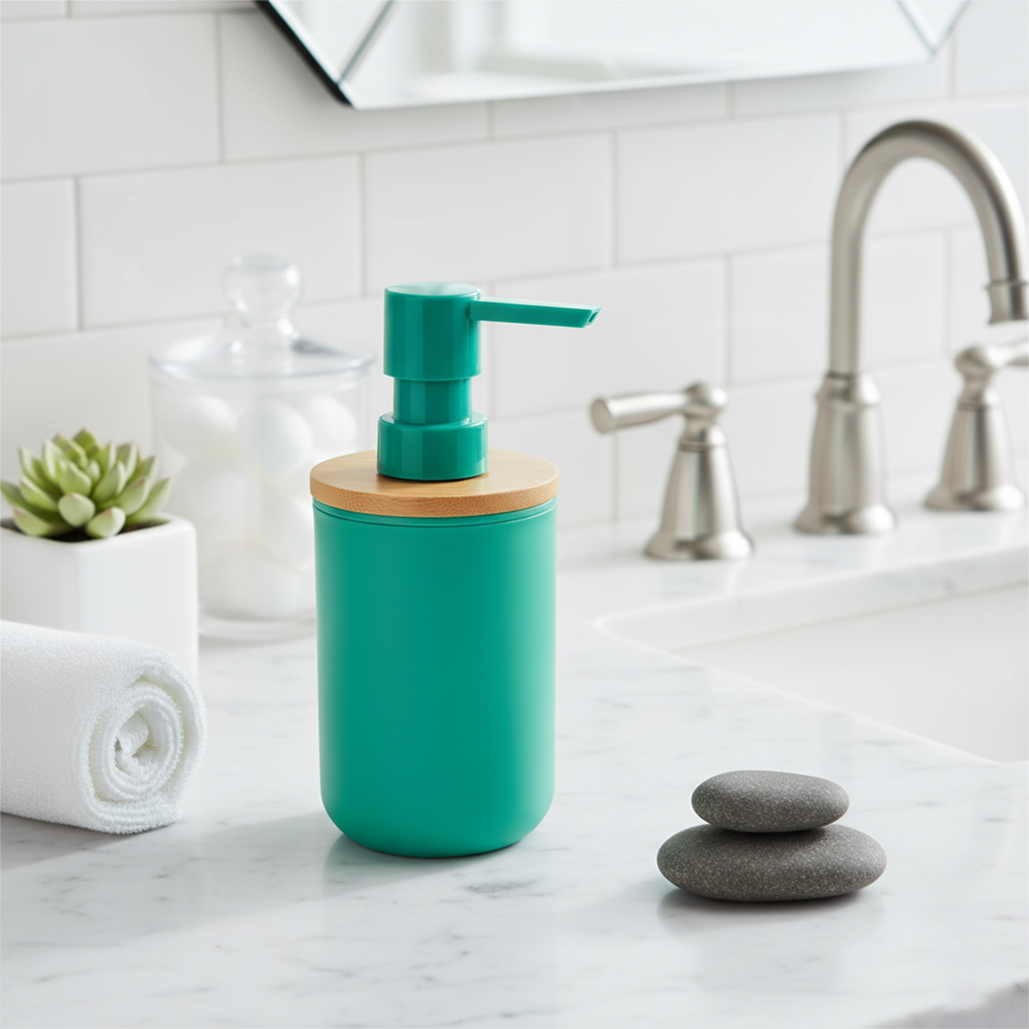 Green soap dispenser with bamboo top on bathroom countertop