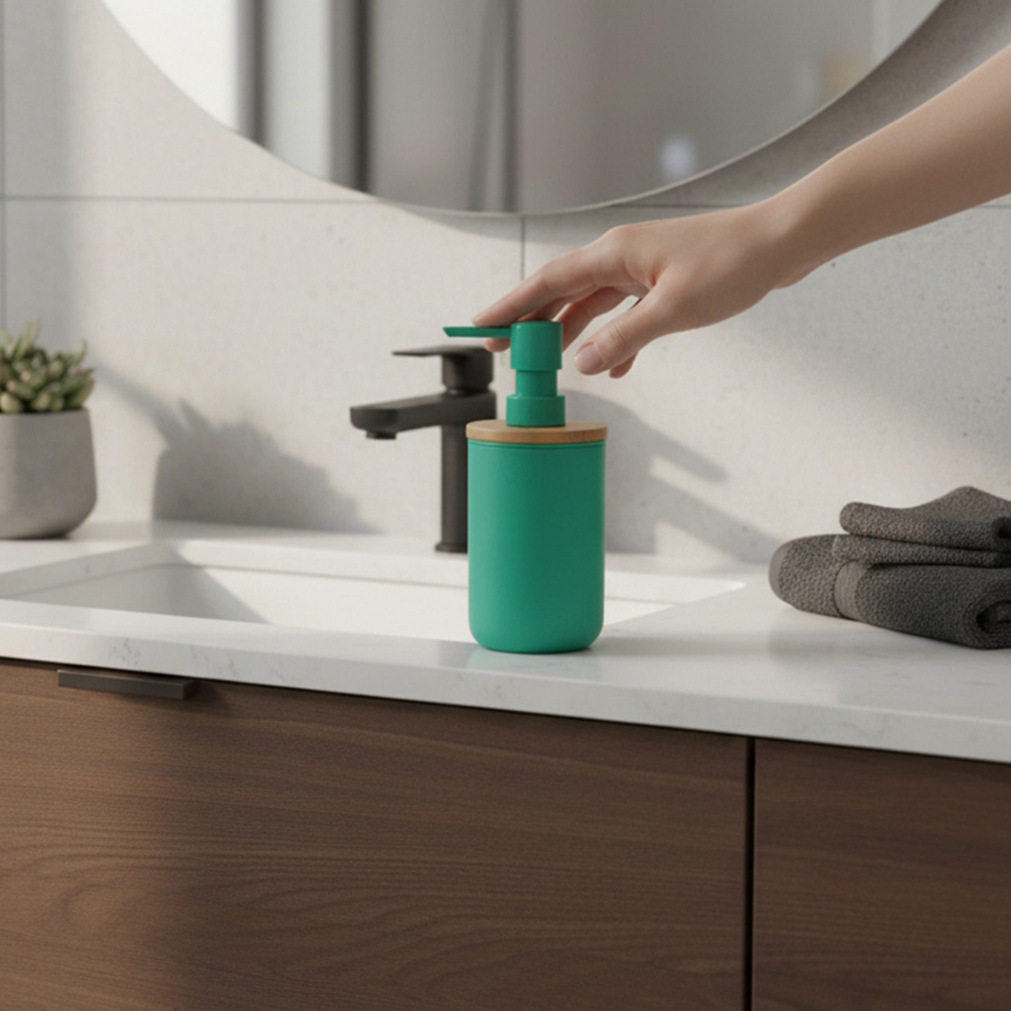 Hand pressing green soap dispenser pump on sink counter
