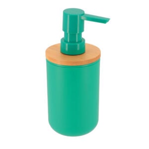 Green soap dispenser with bamboo lid on white background