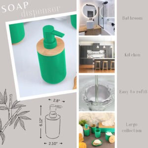 Bathroom soap dispenser infographic with dimensions and uses