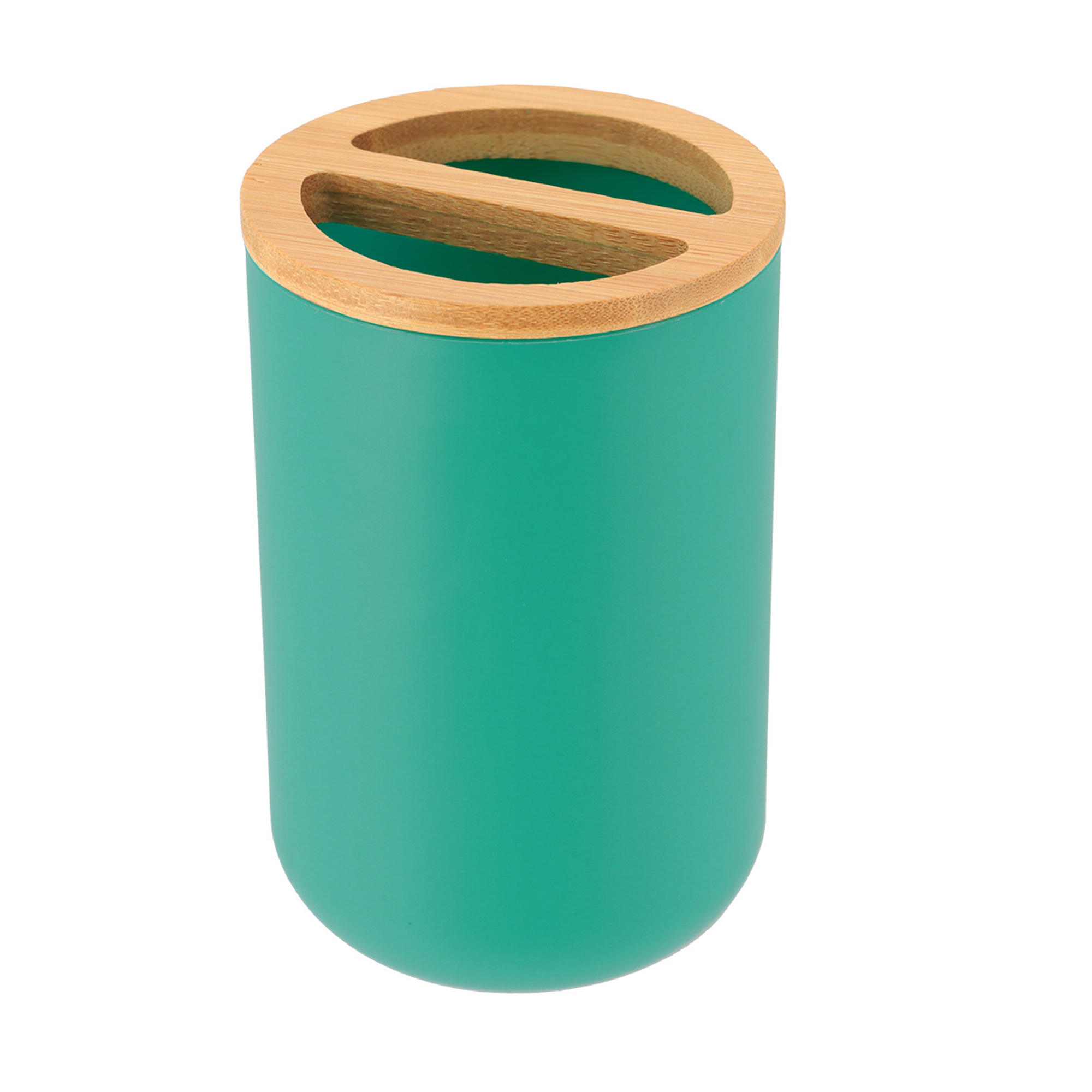 Green cylindrical toothbrush holder with dual-slot bamboo top
