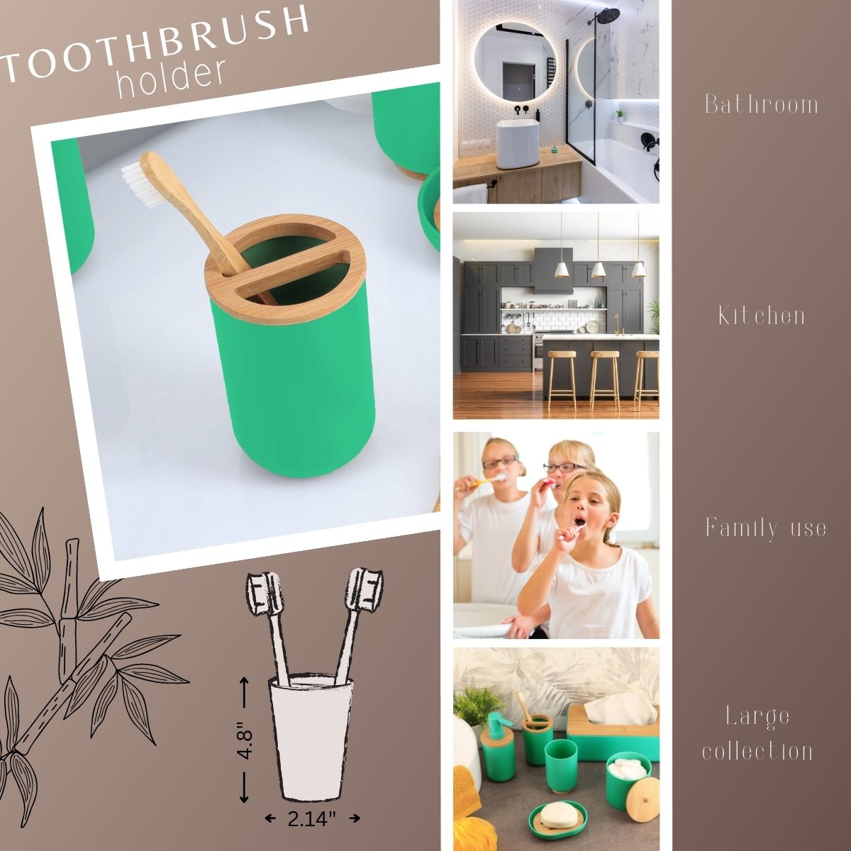 Toothbrush holder size diagram with green body and bamboo lid