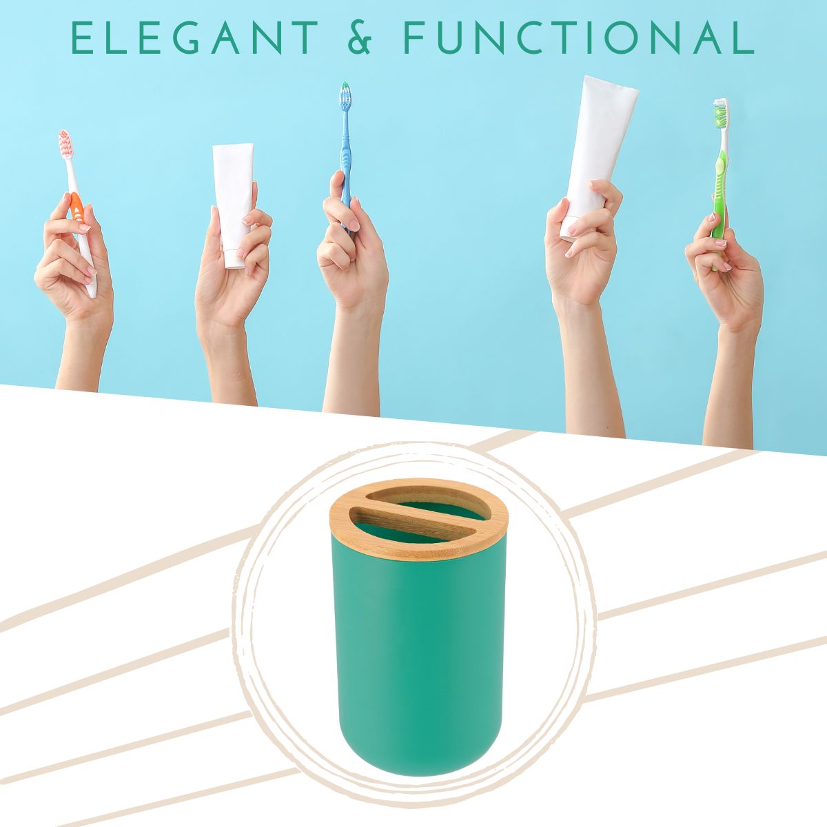 Hands holding toothbrushes and toothpaste above green bamboo holder
