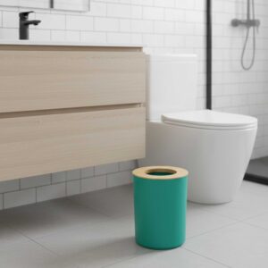 Modern bathroom scene with green trash can and bamboo top