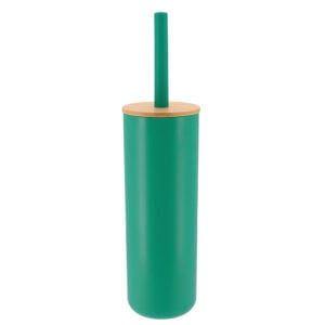 Teal green toilet brush holder with bamboo lid on white background