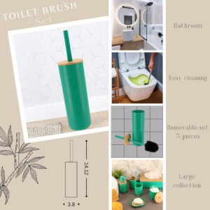 Product collage showing teal green toilet brush with bamboo lid, dimensions, lifestyle bathroom photos, and coordinating accessories