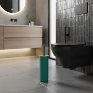 Teal green toilet brush with bamboo lid beside black wall-mounted toilet in modern bathroom