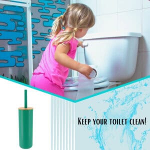 Child in pink dress cleaning toilet with teal green toilet brush featuring bamboo lid, product image inset below