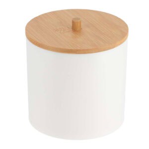 White storage canister with bamboo lid, closed