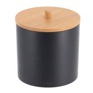 Black storage canister with bamboo lid, closed