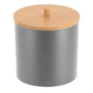 Gray storage canister with bamboo lid, closed