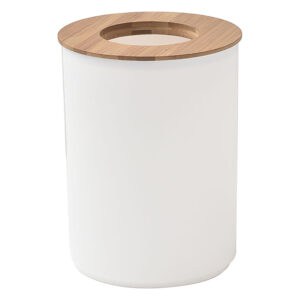 white and bamboo bathroom trash can