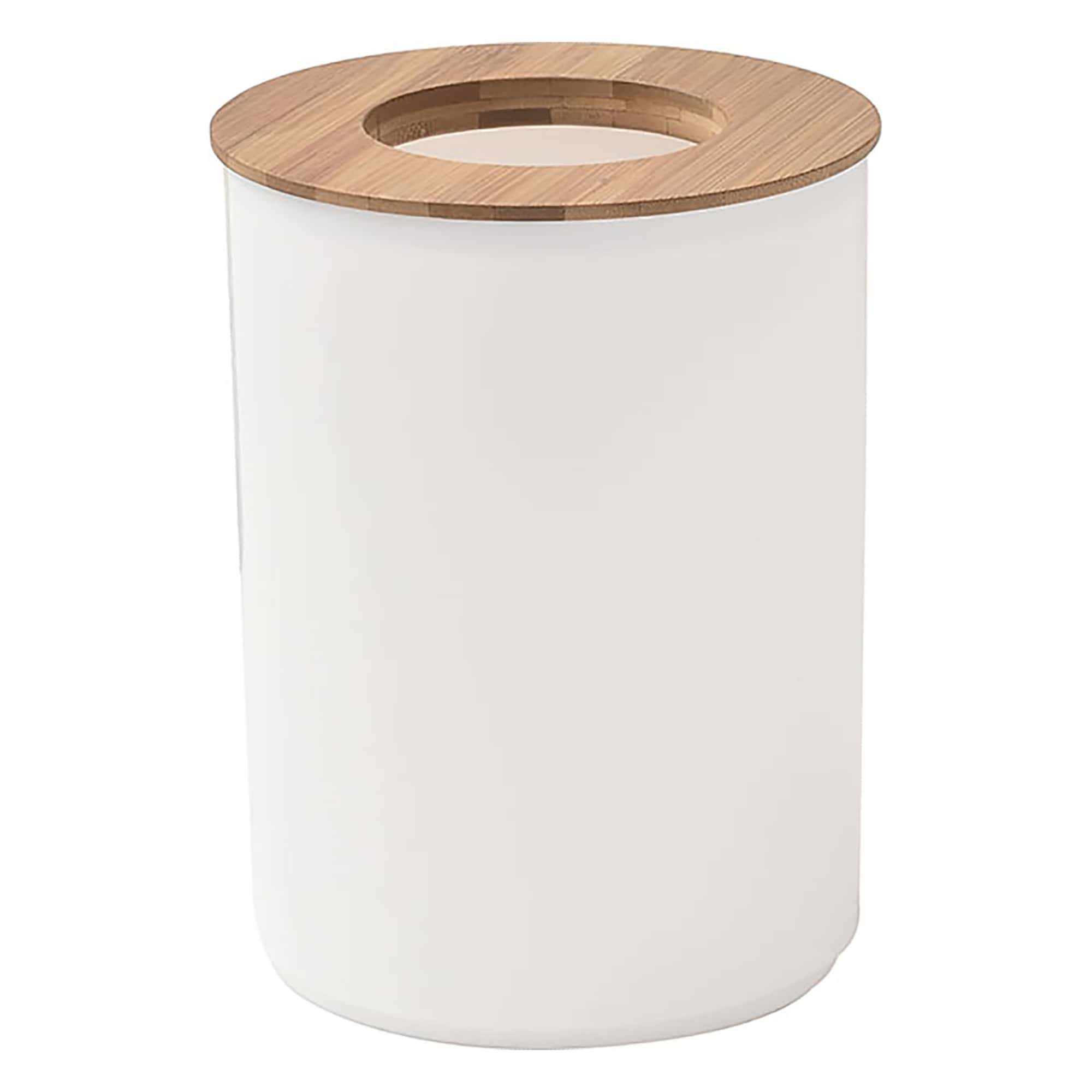 white and bamboo bathroom trash can