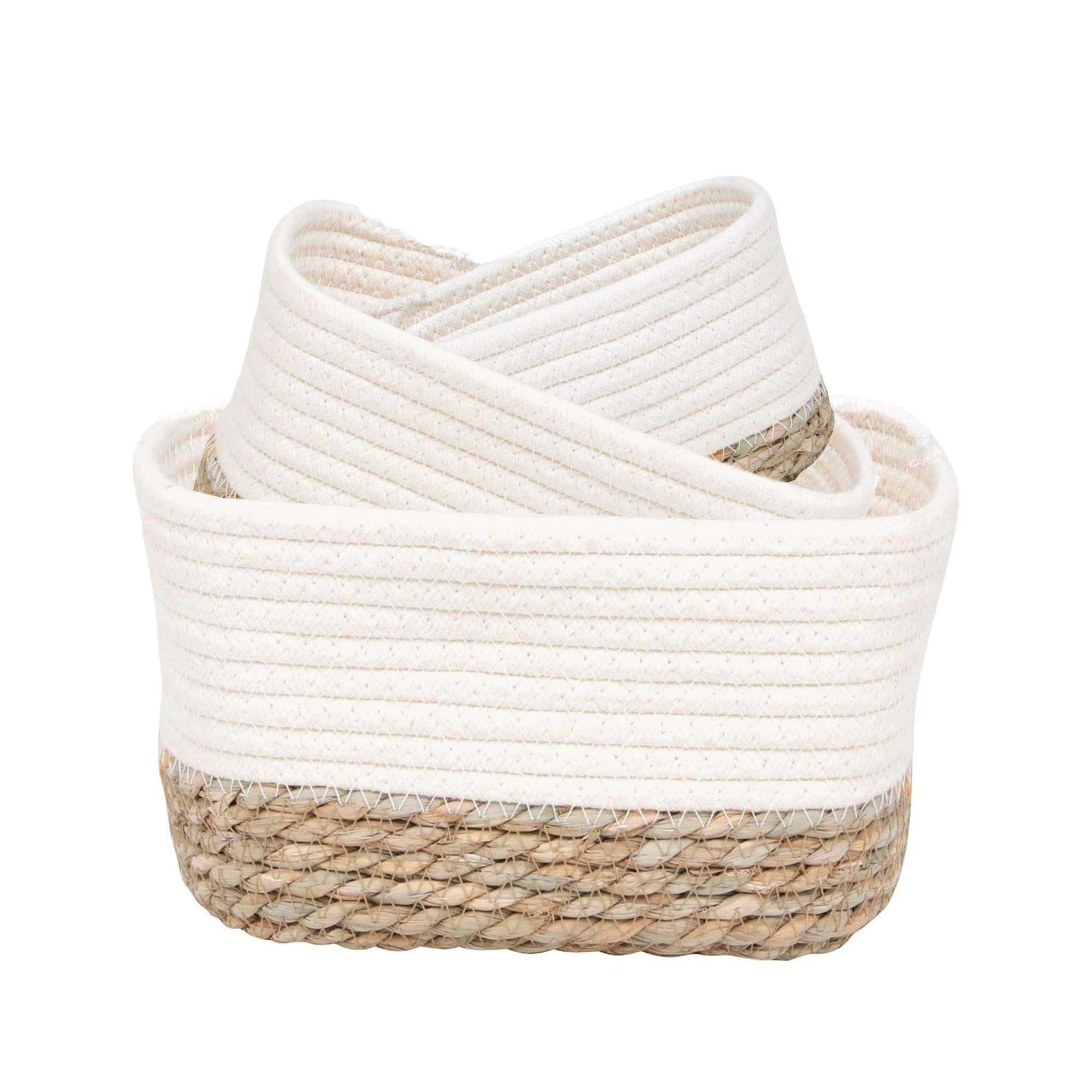 white cotton and natural seagrass set of 3 storage baskets