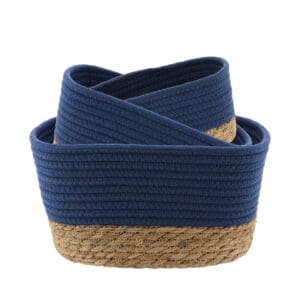 navy blue cotton and natural seagrass set of 3 storage baskets