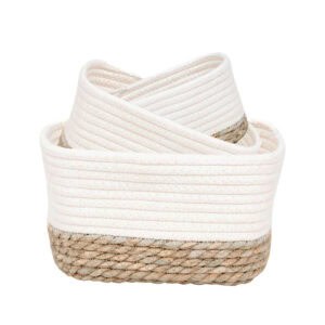 Set of three white cotton rope storage baskets with natural seagrass bases, shown nested and stacked on a white background.