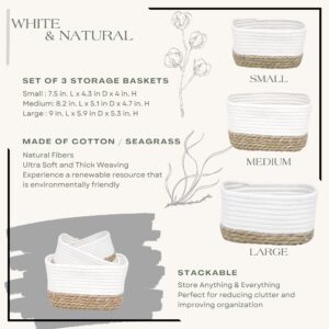 Product info graphic showing the three basket sizes (small 7.5"x4.3"x4"H, medium 8.2"x5.1"x4.7"H, large 9"x5.9"x5.3"H), made of cotton and seagrass, stackable.