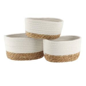Set of three white cotton rope and natural seagrass oval storage baskets shown empty on a white background.