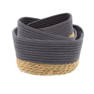 Set of three gray cotton rope storage baskets with natural seagrass bases, shown nested and stacked on a white background.