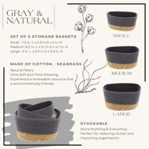 Product info graphic showing the three basket sizes (small 7.5"x4.3"x4"H, medium 8.2"x5.1"x4.7"H, large 9"x5.9"x5.3"H), made of cotton and seagrass, stackable.