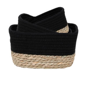 Set of three black cotton rope storage baskets with natural seagrass bases, shown nested and stacked on a white background.