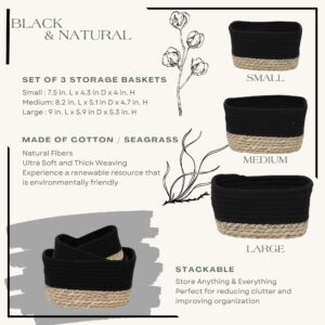 Product info graphic showing the three basket sizes (small 7.5"x4.3"x4"H, medium 8.2"x5.1"x4.7"H, large 9"x5.9"x5.3"H), made of cotton and seagrass, stackable.
