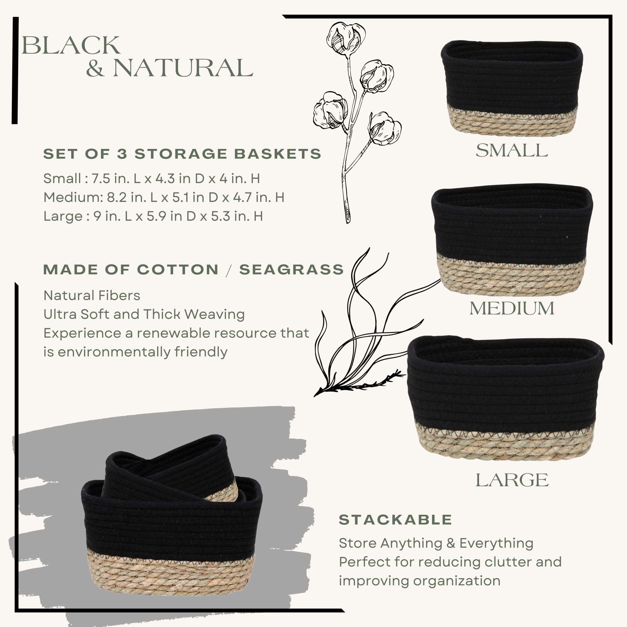 Product info graphic showing the three basket sizes (small 7.5"x4.3"x4"H, medium 8.2"x5.1"x4.7"H, large 9"x5.9"x5.3"H), made of cotton and seagrass, stackable.