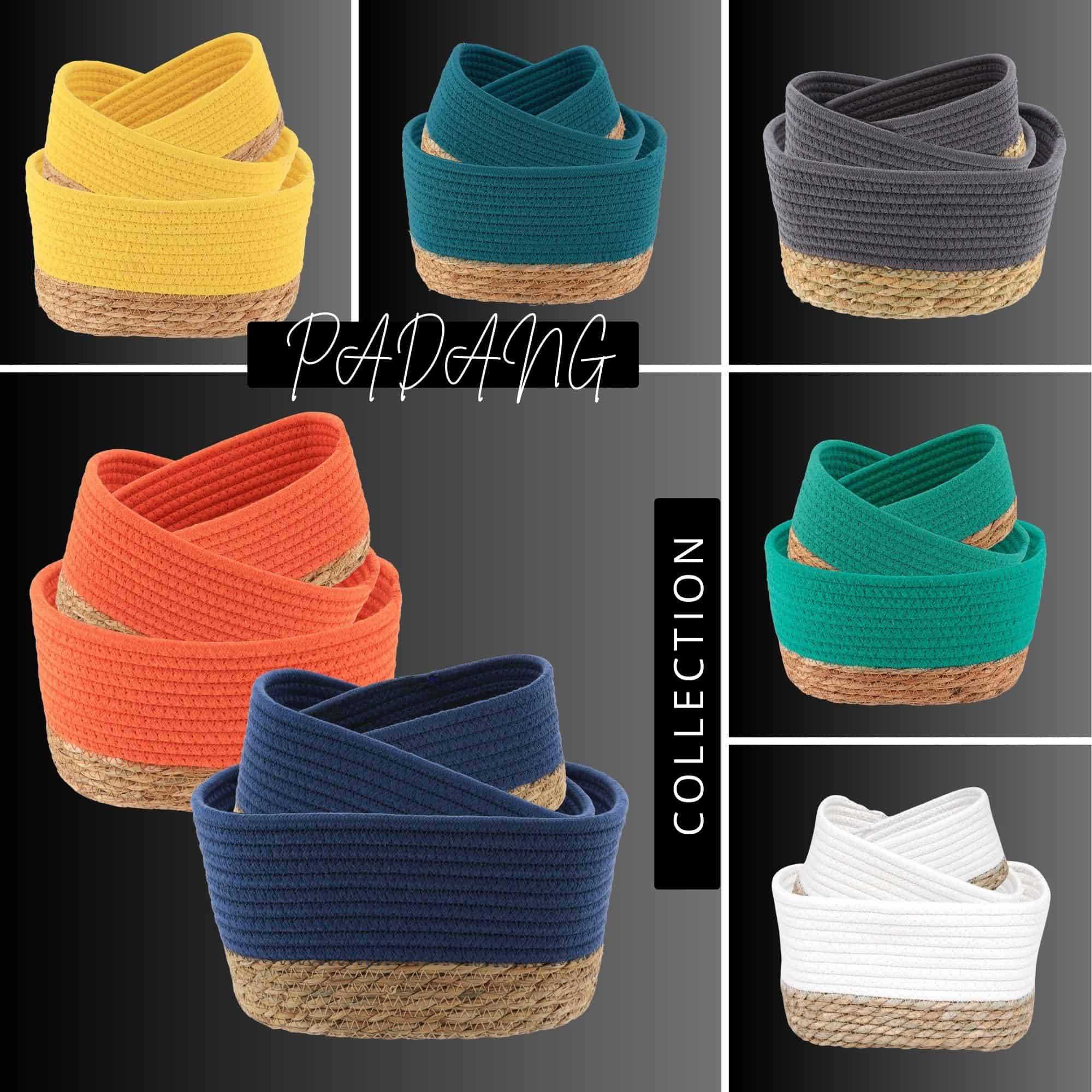 Color collection collage showing the Padang cotton storage baskets available in yellow, teal, gray, orange, navy, green, and white with natural seagrass bases.