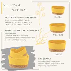 Product info graphic showing the three basket sizes (small 7.5"x4.3"x4"H, medium 8.2"x5.1"x4.7"H, large 9"x5.9"x5.3"H), made of cotton and seagrass, stackable.