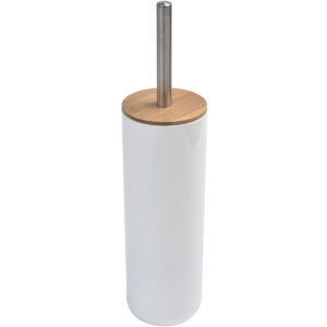 white and bamboo toilet brush and holder set